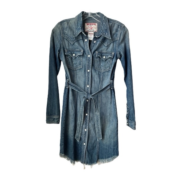 TRUE RELIGION Distressed Denim Long Sleeve Shirt Dress, Size XL